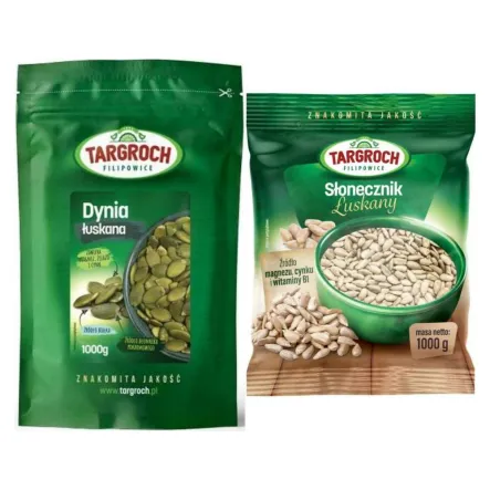 Zestaw Słonecznik Obłuszczony 1 kg Targroch + Pestki Dyni bez Łupiny Doypack 1 kg - Targroch