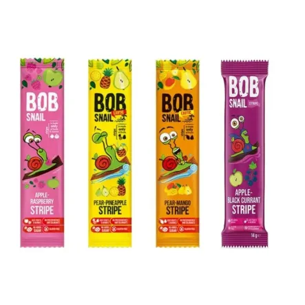 4 x Przekąska Bob Snail - Przekąska Jabłkowo - Malinowa Bez Dodatku Cukru 14 g + Przekąska Gruszkowo - Ananasowa Bez Dodatku Cukru 14 g + Przekąska Gruszka i Mango Bez Dodatku Cukru 14 g + Przekąska Jabłkowo - Porzeczkowa Bez Dodatku Cukru 14 g