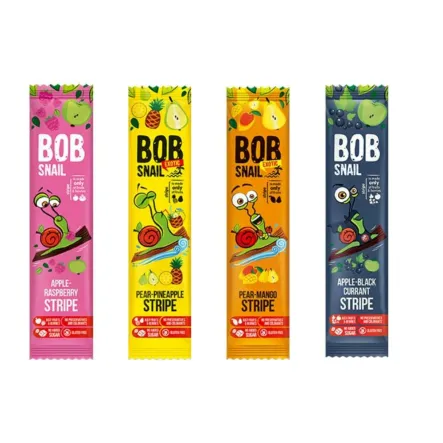 4 x Przekąska Bob Snail - Przekąska Jabłkowo - Malinowa Bez Dodatku Cukru 14 g + Przekąska Gruszkowo - Ananasowa Bez Dodatku Cukru 14 g + Przekąska Gruszka i Mango Bez Dodatku Cukru 14 g + Przekąska Jabłkowo - Porzeczkowa Bez Dodatku Cukru 14 g