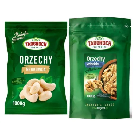 Zestaw Orzechy Włoskie Łuszczone 1 kg Targroch + Orzechy Nerkowca Połówki 1 kg - Targroch
