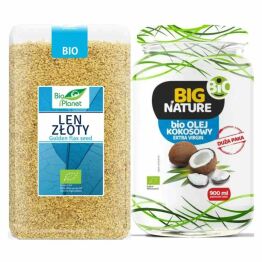 Len Złoty Bio 1 kg - Bio Planet + Olej Kokosowy Extra Virgin Nierafinowany Zimnotłoczony Bio 900 ml - Big Nature