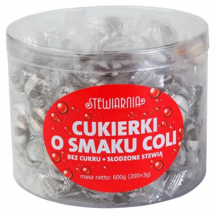 PRODUKT WYCOFANY Cukierki Cola bez Cukru Tuba 500 g ok.200 szt. Stewiarnia