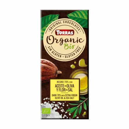 Czekolada Ekologiczna Gorzka 70% Kakao z Oliwą z Oliwek i Solą Morską Bezglutenowa 100 g - Torras 