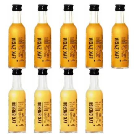 5 x ŁYK Życia (Imbir, Miód, cytryna, Woda Kokosowa, Kurkuma, Pieprz Cayenne) 50 ml - Drest + 4 x ŁYK Energii (Imbir, Miód, Cytryna, Woda Kokosowa, Ananas) 50 ml - Drest
