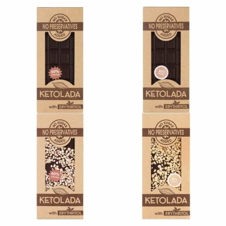 Zestaw 4 Ketolad: KETOLADA® Czekolada 60% z Erytrytolem 100 g +  KETOLADA 85% z Erytrytolem 100 g + Ketolada 60% z Erytrytolem i Migdałami 100 g  + Ketolada 85% z Erytrytolem i Migdałami 100 g  