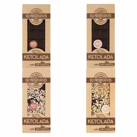 Zestaw 4 Ketolad: KETOLADA® Czekolada 60% z Erytrytolem 100 g +  KETOLADA 85% z Erytrytolem 100 g + Ketolada 60% z Erytrytolem i Migdałami 100 g  + Ketolada 85% z Erytrytolem i Migdałami 100 g  