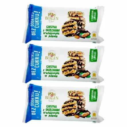 3 x Ciastka z Orzechami Arachidowymi Bez Dodatku Cukru 100 g Bergen Diet