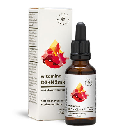 Witamina D3 (2000 IU) + K2MK7 + Ekstrakt z Kurkumy 30 ml Aura Herbals