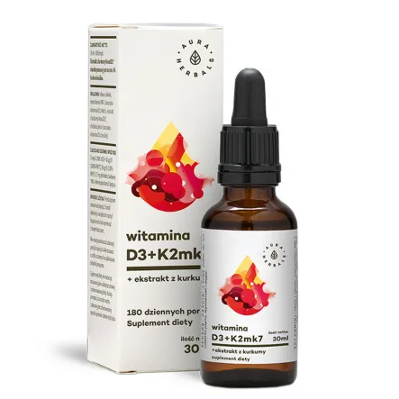 Witamina D3 (2000 IU) + K2MK7 + Ekstrakt z Kurkumy 30 ml Aura Herbals