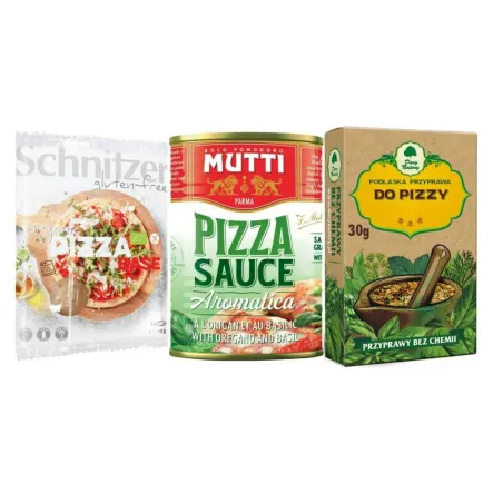 Sos Pomidorowy do Pizzy z Ziołami 400 g - MUTTI  + Kukurydziany Spód Do Pizzy Bezglutenowy Bio 100 G Schnitzer  + Podlaska Przyprawa do Pizzy 30 g - Dary Natury