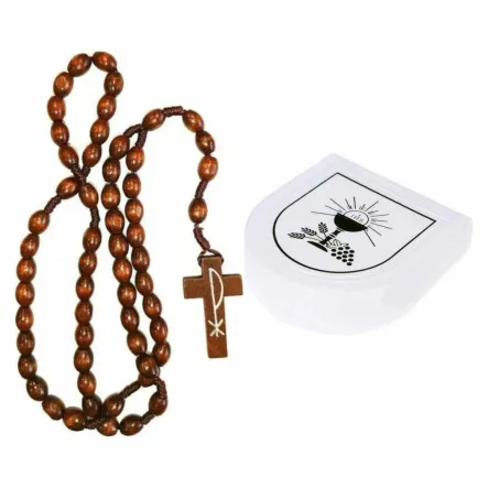 Różaniec Drewniany Duży Ciemny Brąz Owal + Pudełko Etui na Różaniec Białe Podkowa