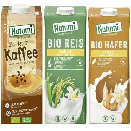 Napój Ryżowy o Smaku Waniliowym Bez Dodatku Cukru Bio UHT 1 l + Napój Owsiany o Smaku Kawy Bez Dodatku Cukru Bio 1 l + Napój Owsiano - Waniliowy Bio 1 l UHT - Natumi