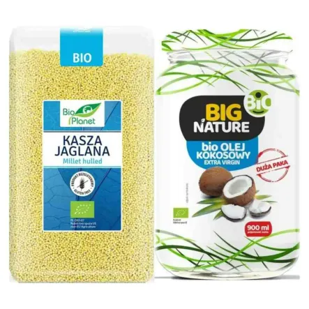 Kasza Jaglana Bezglutenowa Bio 1 kg - Bio Planet  + Olej Kokosowy Extra Virgin Nierafinowany Zimnotłoczony Bio 900 ml - Big Nature