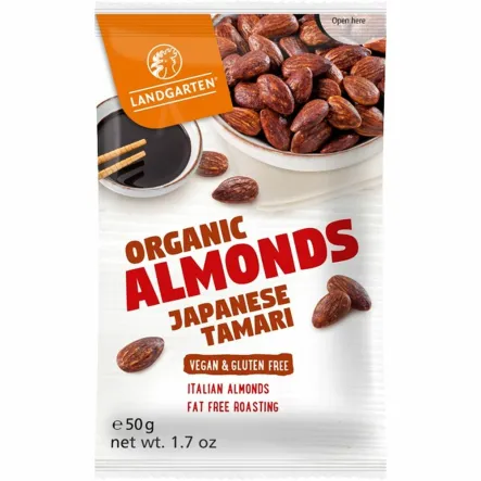 Migdały Prażone w Sosie Tamari Bezglutenowe Bio 50 g - Landgarten - Przecena Krótka Data Minimalnej Trwałości