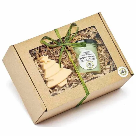 Zestaw: Naturalne Mydło Choinka 75 g plus Masło do Twarzy i Ciała Zielona Herbata 65 g - Miodowa Mydlarnia - Przecena Krótka Data Minimalnej Trwałości