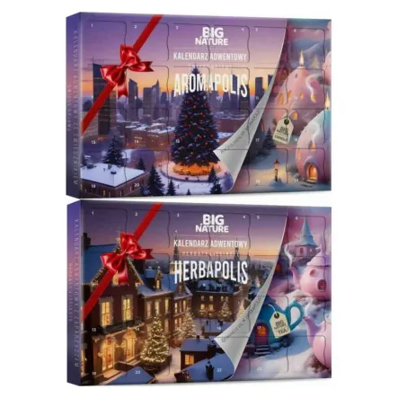2x Kalendarz Adwentowy (AROMAPOLIS + HERBAPOLIS) Jeden z 24 Różnymi Świeczkami Sojowymi + Świecznik 192 g + drugi z 24 Różnymi Herbatami Sypanymi + Zaparzaczem 150 g