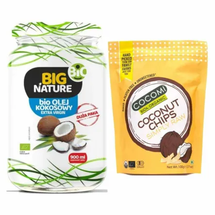 Olej Kokosowy + Chipsy Kokosowe ! = Zestaw Olej Kokosowy Extra Virgin Nierafinowany Zimnotłoczony Bio 900 ml - Big Nature + Chipsy Kokosowe Pieczone Bezglutenowe Bio 100 g - Cocomi