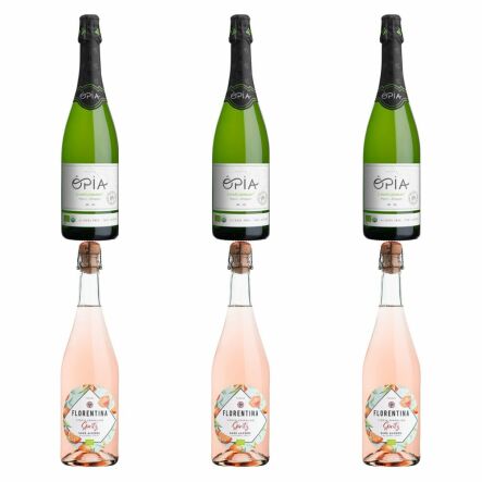 3 x Szampan Bezalkoholowy Opia Chardonnay, Bezsiarkowy, Wino Bezalkoholowe Musujące Gazowane Organiczne Sparkling 0% 0,75 l - Opia  + 3 x Szampan Bezalkoholowy Bio Florentina Rose bez Siarczynów, Bezsiarkowy, Wino Bezalkoholowe Musujące Gazowane Vi