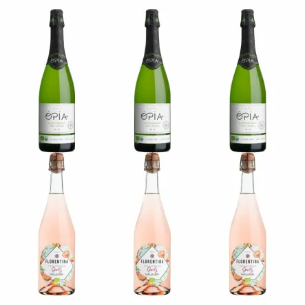 3 x Szampan Bezalkoholowy Opia Chardonnay, Bezsiarkowy, Wino Bezalkoholowe Musujące Gazowane Organiczne Sparkling 0% 0,75 l - Opia  + 3 x Szampan Bezalkoholowy Bio Florentina Rose bez Siarczynów, Bezsiarkowy, Wino Bezalkoholowe Musujące Gazowane Vi