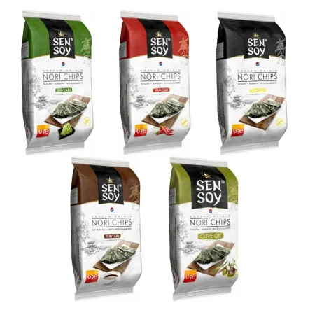 Chipsy Nori Oliwa z Oliwek 4,5 g + Chipsy Nori Teriyaki z Alg Morskich 4,5 g + Chipsy Nori Prażone Glony Przekąska Classic 4,5 g + Chipsy Nori Kimchi z Alg Morskich 4,5 g + Chipsy Nori Wasabi z Alg Morskich 4,5 g - Sen Soy