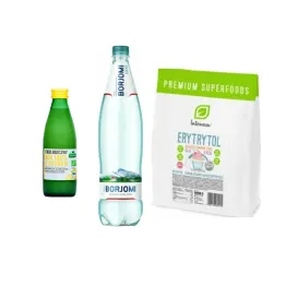 Keto Lemoniada: Sok z Cytryn z Sycylli Bio 250 ml - Ekowital + Naturalna Woda Mineralna Naturalnie Wysoko Nasycona CO2 Wysoko Zmineralizowana PET 1 l - Borjomi + Erytrytol Niskokaloryczny 1000 g Intenson Erytrol