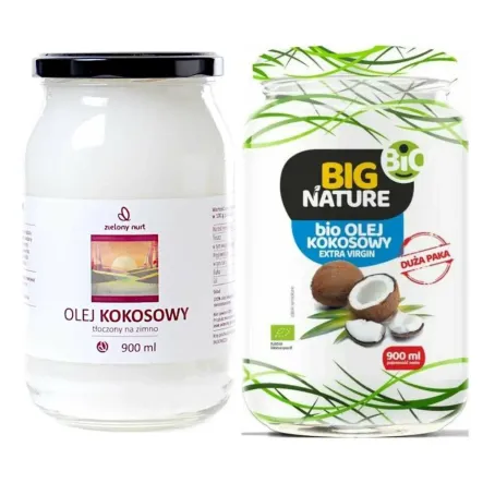 Olej Kokosowy Nierafinowany - Tłoczony Na Zimno 900 ml - Zielony Nurt + Olej Kokosowy Extra Virgin Nierafinowany Zimnotłoczony Bio 900 ml - Big Nature