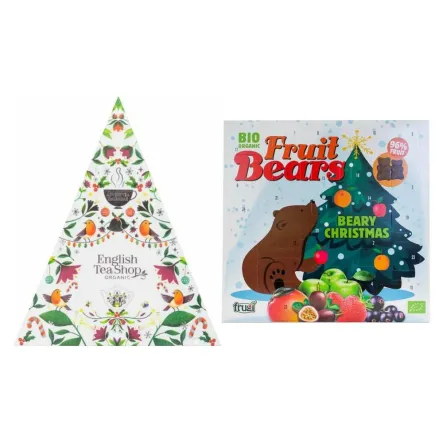 Kalendarz Adwentowy Herbaty i Herbatki BIO Choinka Biała 25 Piramidek - English Tea Shop + Kalendarz Adwentowy Beary Christmas Żelki Bez Dodatku Cukru Bio 100 g - House Of Denmark
