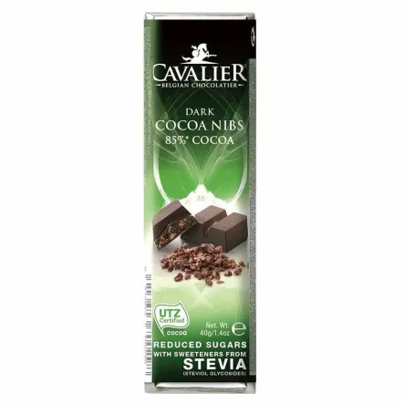 Baton z Belgijskiej Czekolady Deserowej z Palonymi Ziarnami Kakaowca Bez Dodatku Cukru 40 g - Cavalier