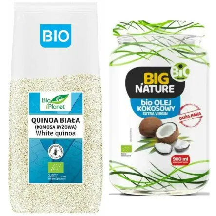 Quinoa Biała Komosa Ryżowa Bio 1 kg Bio Planet + Olej Kokosowy Extra Virgin Nierafinowany Zimnotłoczony Bio 900 ml - Big Nature