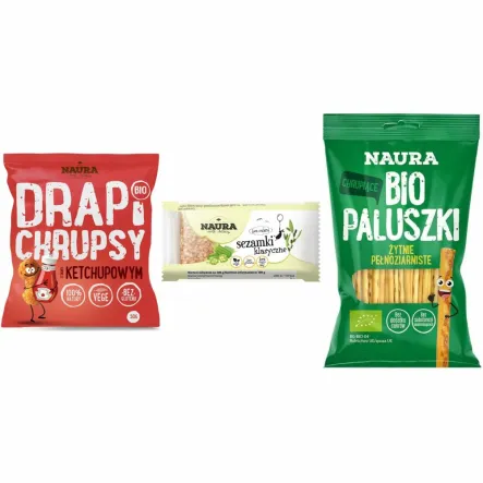 Chrupki Kukurydziane o Smaku Ketchupowym Bio 50 g - Drapi Chrupsy + Paluszki Żytnie Pełnoziarniste Bio 45 g - Naura + Sezamki bez dodatku cukru 27 g - Naura