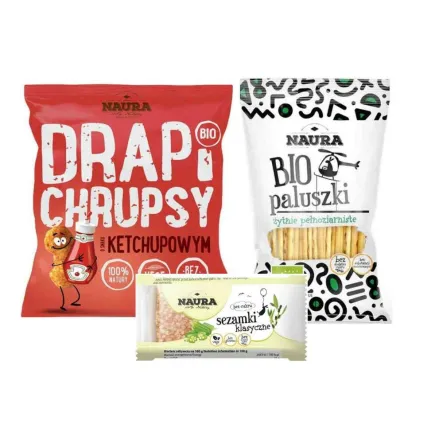 Chrupki Kukurydziane o Smaku Ketchupowym Bio 50 g - Drapi Chrupsy + Paluszki Żytnie Pełnoziarniste Bio 45 g - Naura + Sezamki bez dodatku cukru 27 g - Naura 