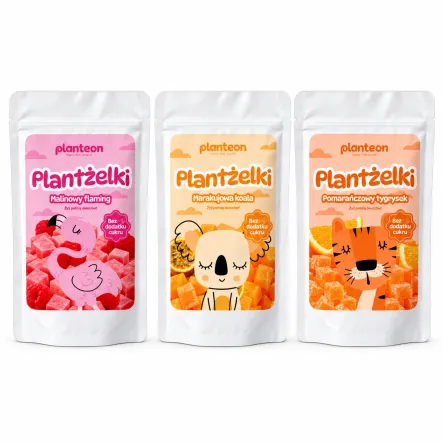 Żelki Malinowy Flaming Bez Dodatku Cukru 100 g + Żelki Marakujowa Koala Bez Dodatku Cukru 100 g + Żelki Pomarańczowy Tygrysek Bez Dodatku Cukru 100 g - Planteon
