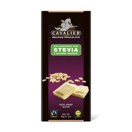 Belgijska Czekolada Biała Z Chrupkami Ryżowymi Słodzona Glikozydami Stewiolowymi, Bez Cukru, 85G 