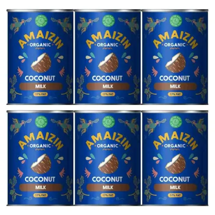 6 x Napój Kokosowy 17% Tłuszczu bez Gumy Guar Bio 400 ml Amaizin - Coconut Milk - Mleko Kokosowe