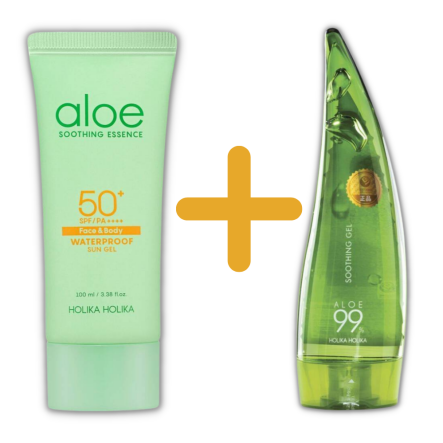 Zestaw Aloesowy Na Lato Holika Holika - Wodoodporny Przeciwsłoneczny Żel  z Wysokim Filtrem (Aloe Waterproof Sun Gel) SPF 50+ 100 ml - Holika Holika  + Żel Aloesowy Aloe 99% Soothing Gel po Opalaniu 250 ml - Holika Holika