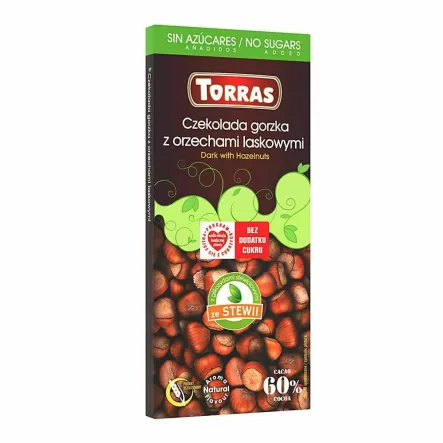 Czekolada Gorzka Orzechy Laskowe Słodzona Glikozydami Stewiolowymi 125 g - Torras