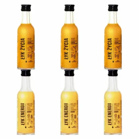 3 x ŁYK Życia (Imbir, Miód, cytryna, Woda Kokosowa, Kurkuma, Pieprz Cayenne) 50 ml - Drest + 3 x ŁYK Energii (Imbir, Miód, Cytryna, Woda Kokosowa, Ananas) 50 ml - Drest