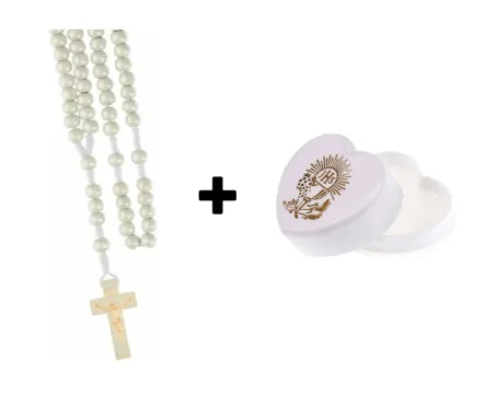 Różaniec Drewniany Kolor Naturalny Koralik 8 mm + Pudełko Etui Białe na Różaniec SERCE IHS