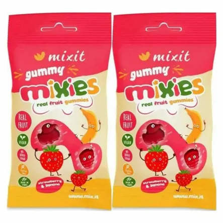 2 x Mixies Naturalne Żelki TRUSKAWKA, BANAN Bez Dodatku Cukru 35 g - Mixit