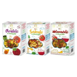 Makaron Kids Pięciosmakowy Okrąglaki ze Zdrowej Paki 250 g + Makaron Kids Świdrzaki ze Zdrowej Paki 250 g + Makaron Pszenny 5 Smaków Dla Dzieci Motomaniaki 250 g - Bartolini