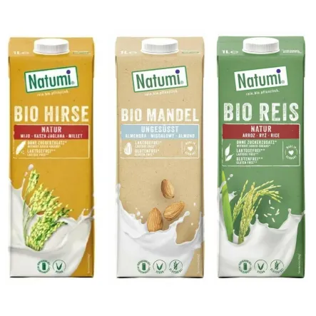 Napój Jaglany Bezglutenowy Bio 1 l UHT + Napój Migdałowy Bez Dodatku Cukrów Bezglutenowy Bio 1 L UHT + Napój Ryżowy Bezglutenowy Bio 1 l UHT - Natumi