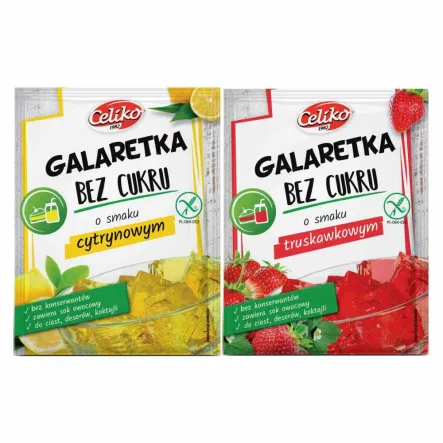 Zestaw Galaretka o Smaku Cytrynowym Bez Dodatku Cukru Bezglutenowa 14 g - Celiko +  Galaretka o Smaku Truskawkowym Bez Dodatku Cukru Bezglutenowa 14 g - Celiko