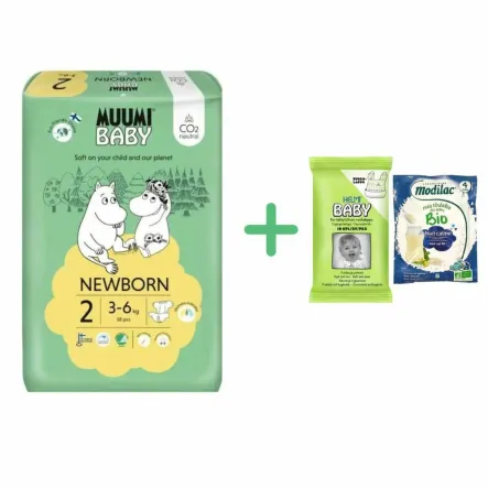 Pieluszki Ekologiczne 2 Newborn 3-6 kg 58 Sztuk - Muumi Baby + Śliniak Jednorazowy EKO 10 Sztuk - HELMI BABY  i Kaszka BIO Spokojny Sen po 4  Miesiącu Życia Saszetka 25 g - MODILAC 