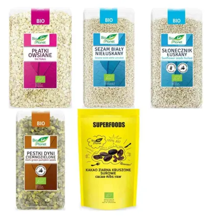 Zestaw do Przygotowania Musli Antystresowego Płatki Owsiane Bio 1 kg + Sezam Biały Niełuskany Bio 500 g + Pestki Dyni Ciemnozielone Uprawiane W Europie Bio 350 g + Słonecznik Łuskany Bezglutenowy Bio 350 g + Kakao Ziarna Kruszone Surowe Bio 250 g