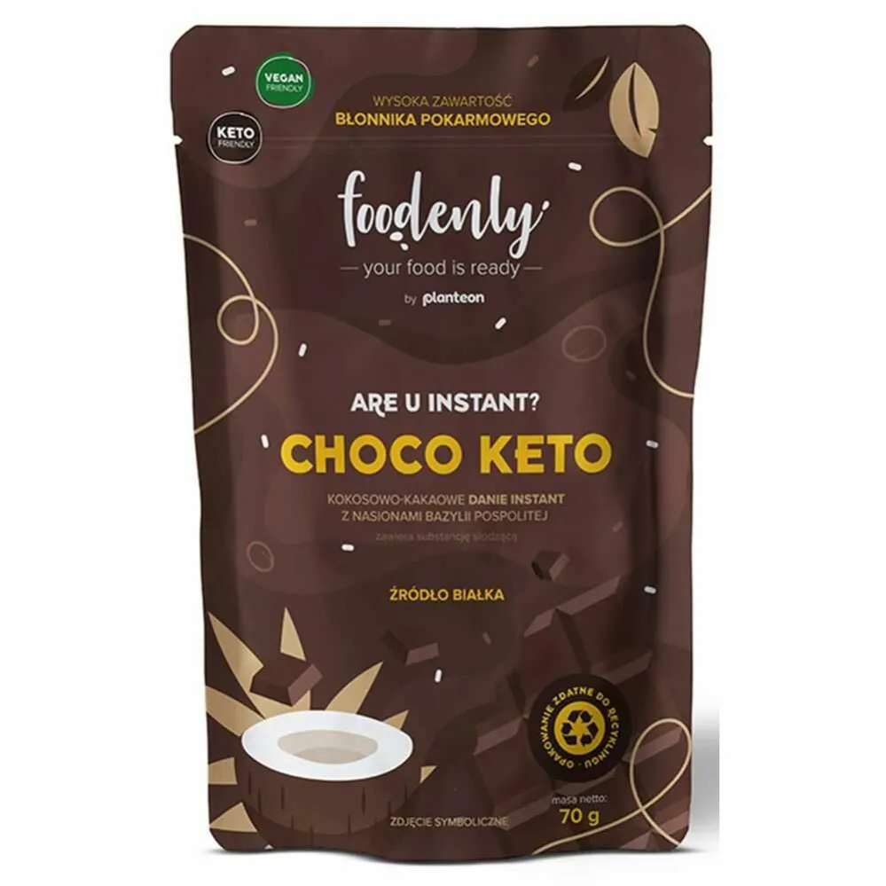 Choco Keto Kokosowo - Kakaowe Danie Instant z Nasionami Bazylii Pospolitej 70 g - Planteon - Przecena Krótka Data Minimalnej Trwałości