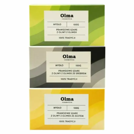 Mydło Szare z Oliwy z Oliwek 100 g + Mydło z Oliwy z Oliwek ze Srebrem 100 g + Mydło z Oliwy z Oliwek  ze Złotem 100 g - Olma Cosmetics