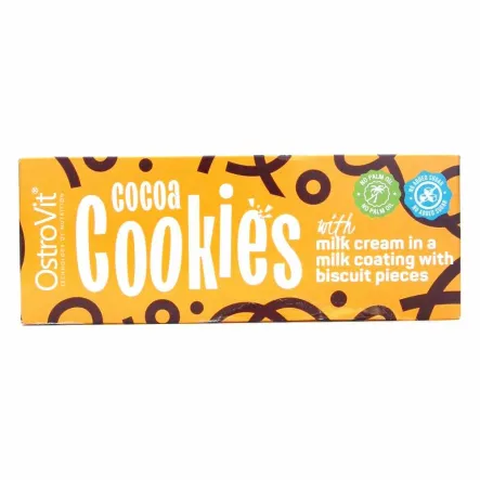 Ciastka Kakaowe z Kremem Mlecznym w Mlecznej Polewie z Kawałkami Herbatników Bez Dodatku Cukru 128 g - OstroVit - Przecena Krótka Data Minimalnej Trwałości