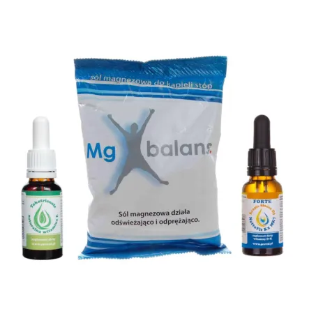 Zdrowotne Trio + Tokotrienole = Witamina E 20 ml + (Kropla Słońca Witamina D3 + NattoFit K2 MK7 FORTE! 20 ml ) + Mg Balans Sól Magnezowa do Kąpieli Stóp 200 g