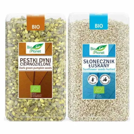 Zestaw Słonecznik Łuskany Bezglutenowy Bio 1 kg Bio Planet + Pestki Dyni Ciemnozielone Bio 1 kg Bio Planet