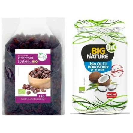 Rodzynki Sułtanki Bio 1 kg - BioLife + Olej Kokosowy Extra Virgin Nierafinowany Zimnotłoczony Bio 900 ml - Big Nature